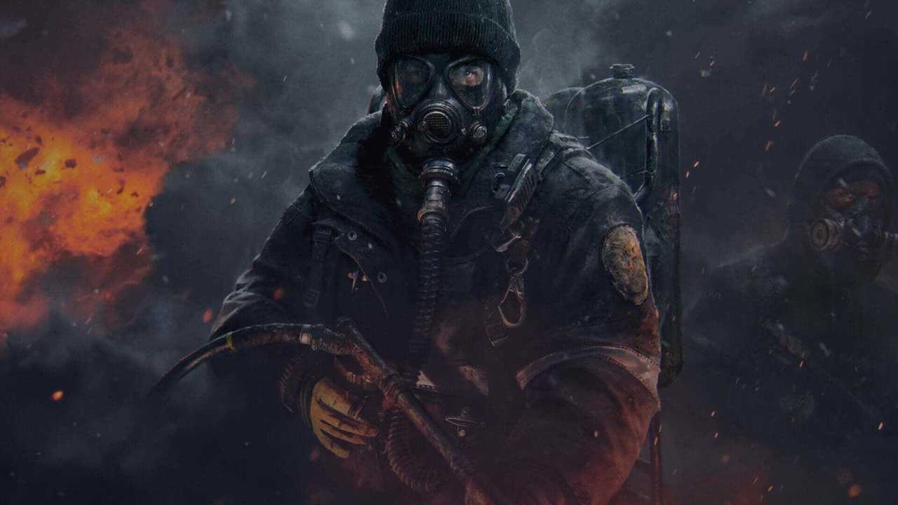 Bild eines Soldaten mit Gewehr in der Hand und einer Maske auf.